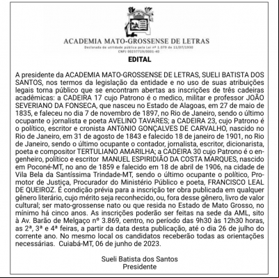 Edital - Aberta as inscrições para 3 Cadeiras